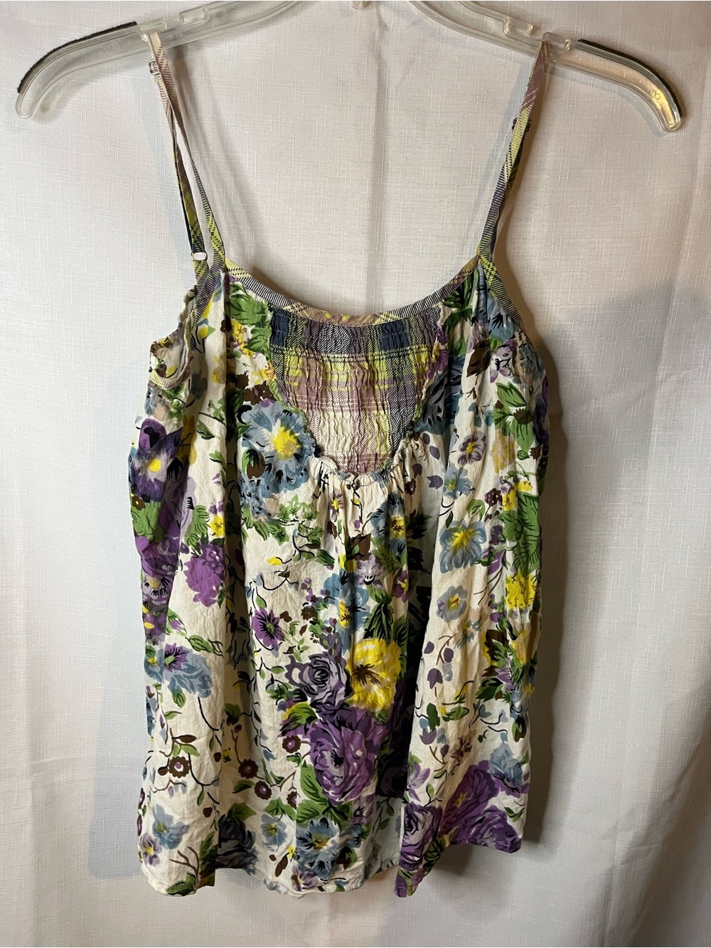 Floral Smocked Cream Camisole with Purple & Yellow Blooms